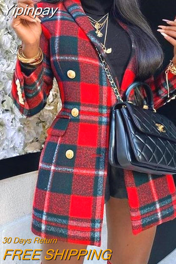 Yipinpay Women Chic Elegant Plaid Pattern Colorblock Buttoned Longline Blazer Coat